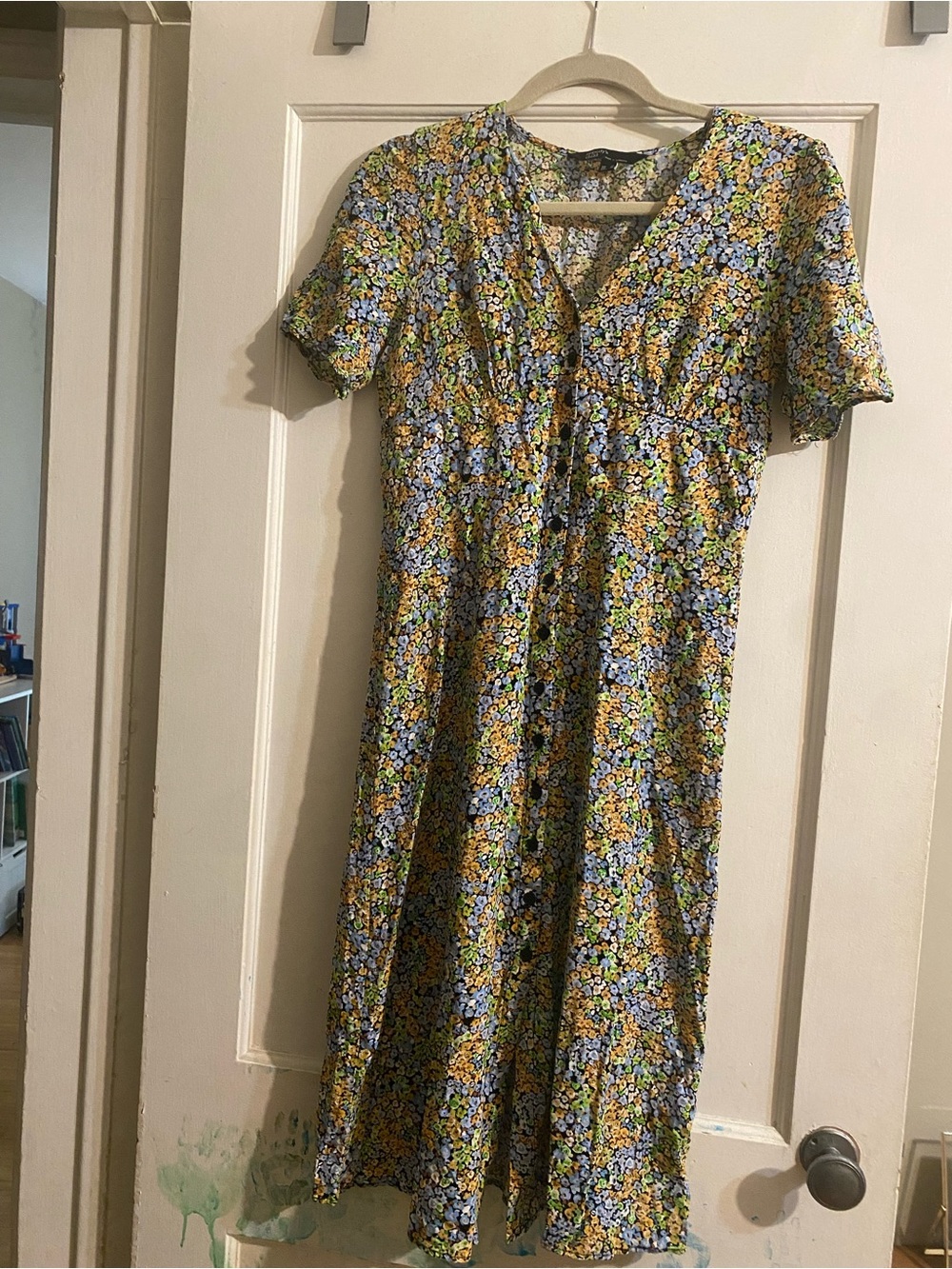 Women's Yellow and Blue Floral V-Neck Midi Dress
